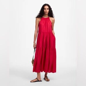 Madewell Habotai Silk Tiered Halter Midi Dress Watermelon Size S NWT